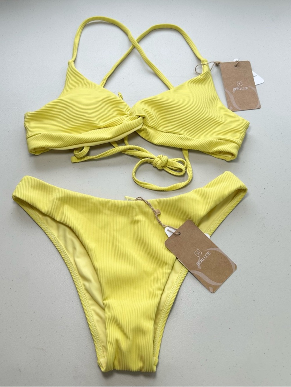 Berlook Bikini Set XS Yellow Twist Cross Back Low Waisted Swimwear